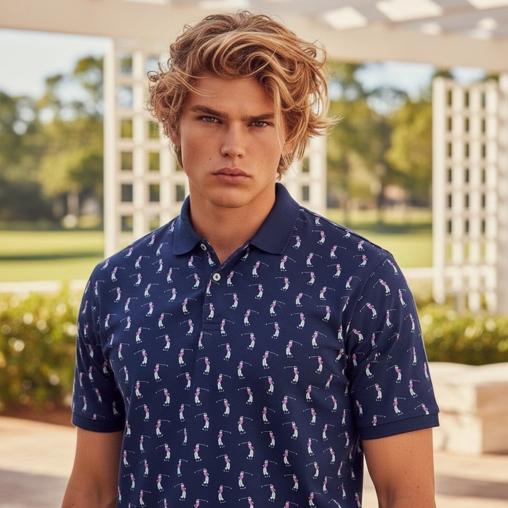 Polo Golf Ralph Lauren Shirt Men's XL Navy‎ Blue All Over Golfer Print